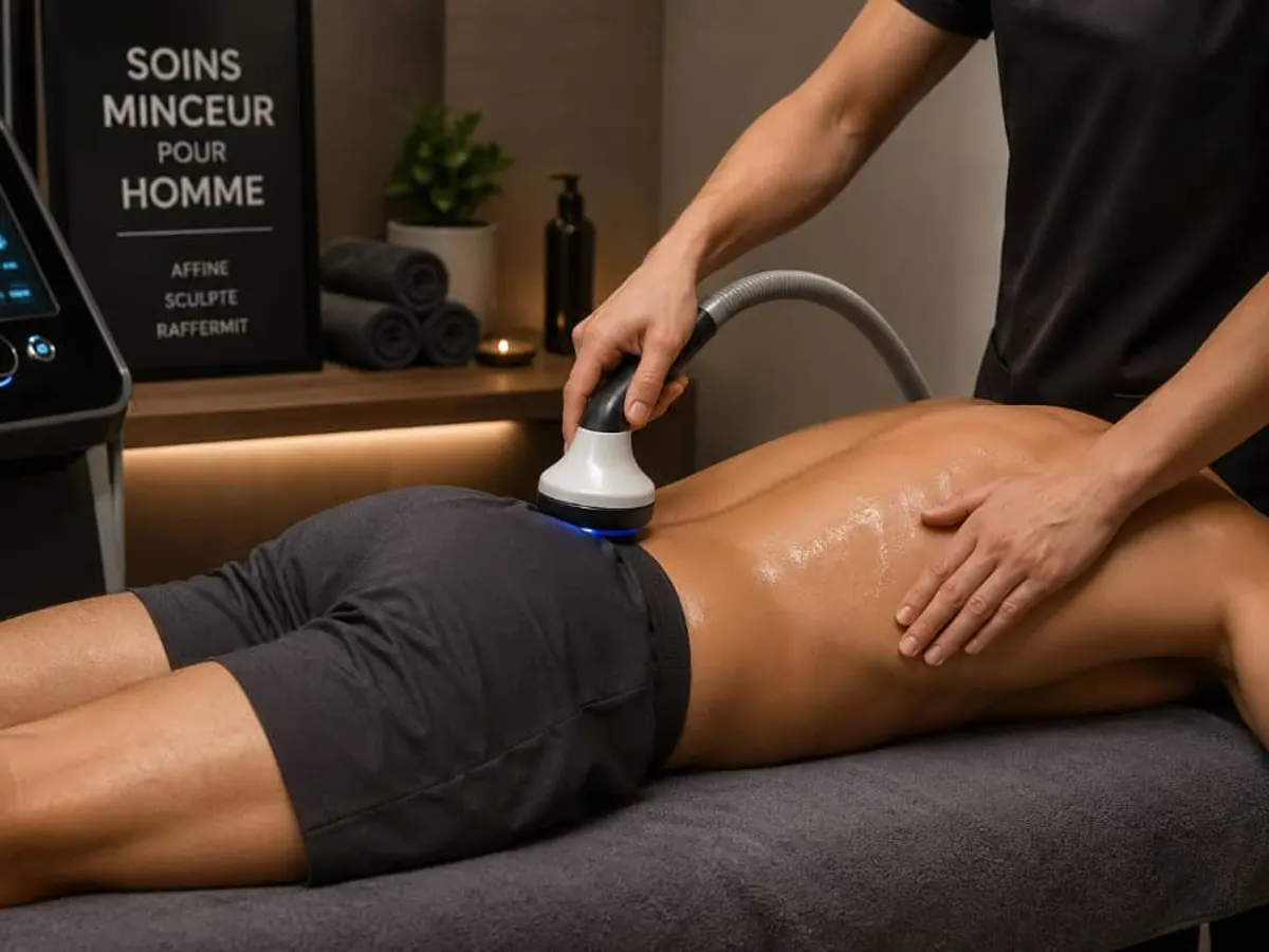 Device-based body treatment carried out on a client's thigh